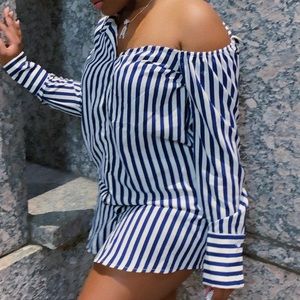 PLT Navy Striped Off the Shoulder Dress